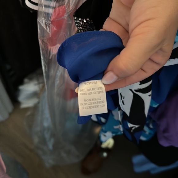 Parker multi blue, some black and white, ruffled dress with tie at the neck. - Picture 6 of 6